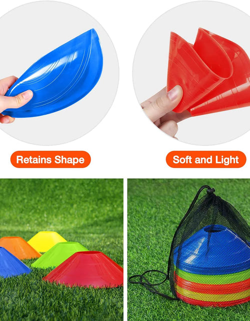 Load image into Gallery viewer, 50Pcs Pro Disc Cones - Agility Soccer Cones Football Cones with Carry Bag and 2 Whistles for Sports Training, Football, Basketball
