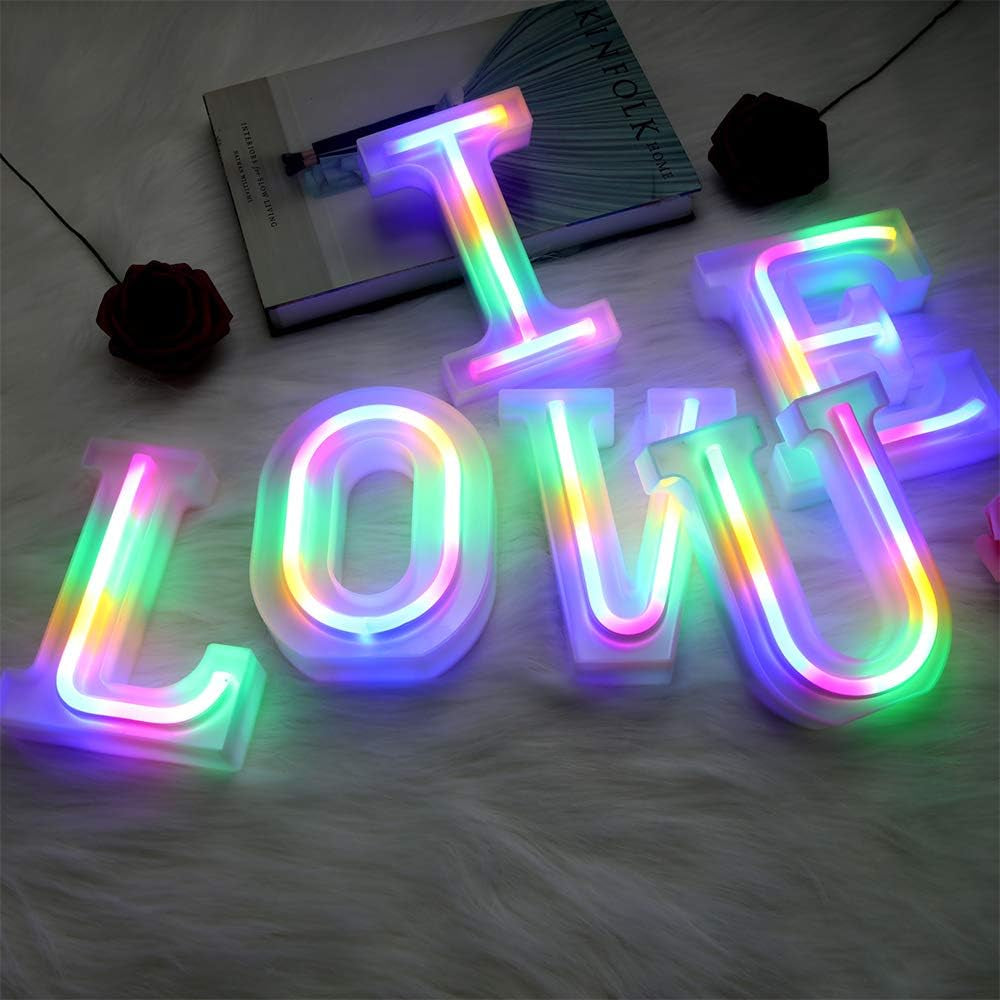 Neon Letter Lights 26 Alphabet Letter Bar Sign Letter Signs for Wedding Christmas Birthday Partty Supplies,Usb/Battery Powered Light up Letters for Home Decoration-Colourful 9