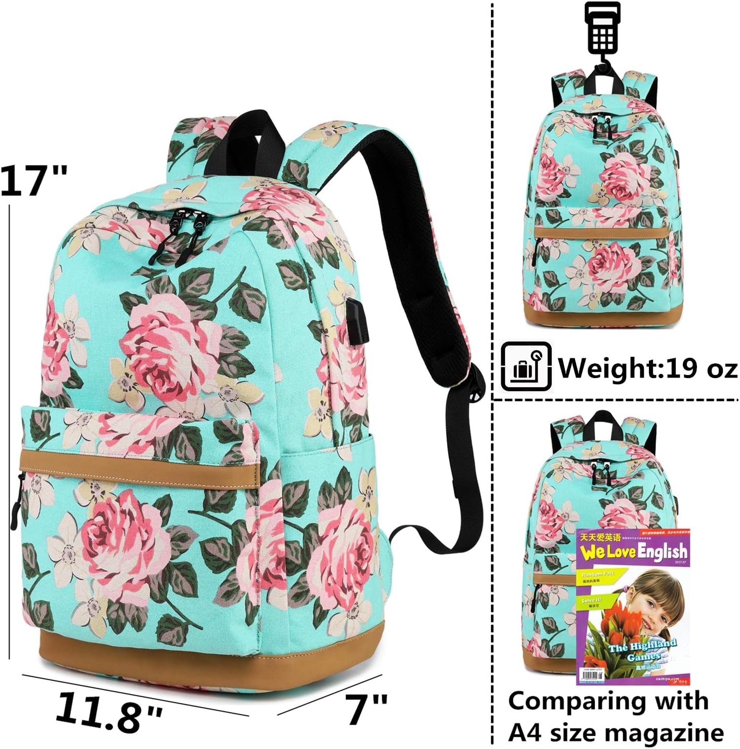 Canvas School Backpack Teens Backpack School Bag Backpack for School Book Bag Set (Floral-Water Blue)