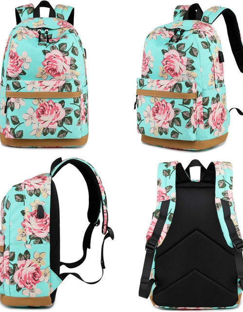 Load image into Gallery viewer, Canvas School Backpack Teens Backpack School Bag Backpack for School Book Bag Set (Floral-Water Blue)
