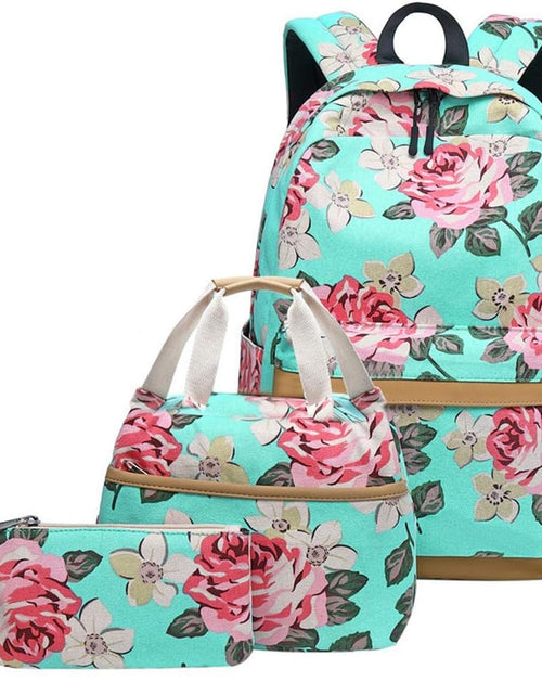 Load image into Gallery viewer, Canvas School Backpack Teens Backpack School Bag Backpack for School Book Bag Set (Floral-Water Blue)
