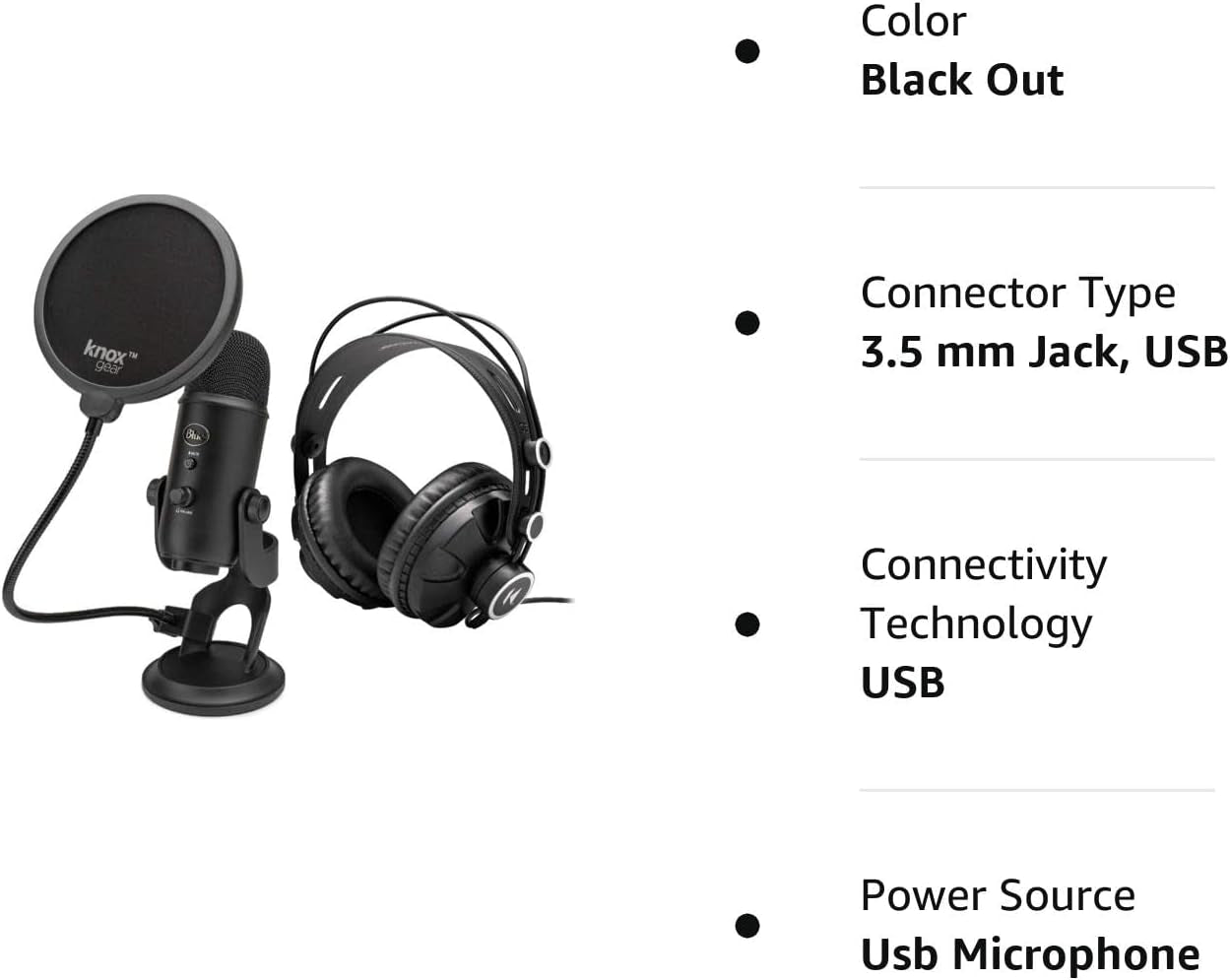 Yeti USB Microphone (Blackout) Bundle with Knox Gear Headphones and Pop Filter (3 Items)