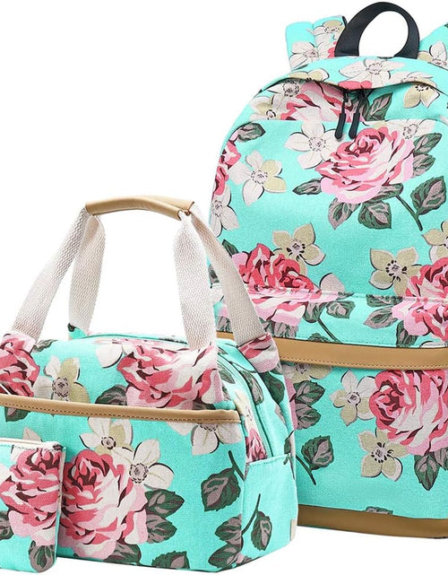 Load image into Gallery viewer, Canvas School Backpack Teens Backpack School Bag Backpack for School Book Bag Set (Floral-Water Blue)
