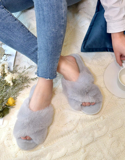 Load image into Gallery viewer, Women&#39;S Cross Band Slippers Soft Plush Furry Cozy Open Toe House Shoes Indoor Outdoor Faux Rabbit Fur Warm Comfy Slip on Breathable
